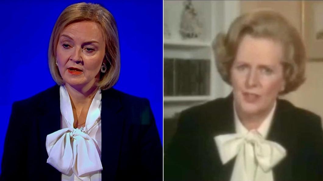 特拉斯當天的穿搭與柴契爾夫人在1979年選舉廣播時的穿搭幾乎一模一樣。（圖／翻攝自Eugene 推特 @eugeneh84）