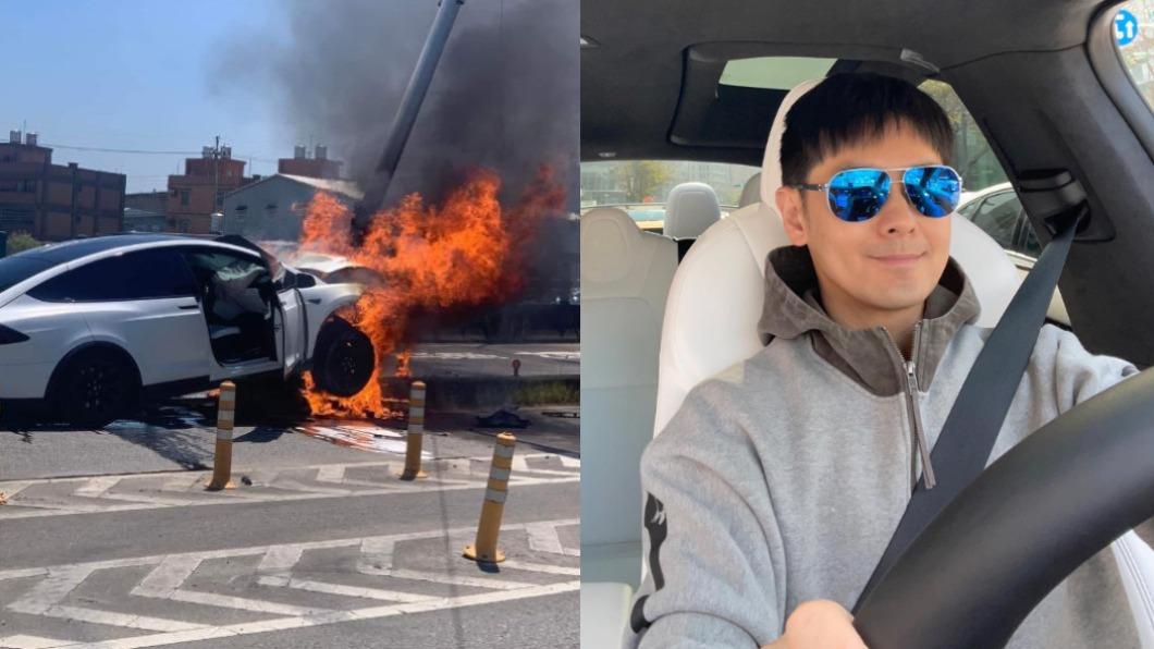 林志穎上月駕駛特斯拉發生火燒車事故。（圖／翻攝自記者爆料網、林志穎臉書）