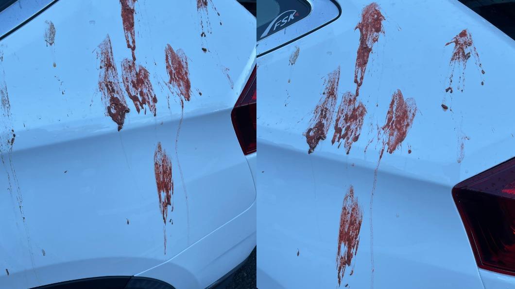 該名車主驚見自己的白車被染紅。（圖／翻攝自爆怨公社臉書）