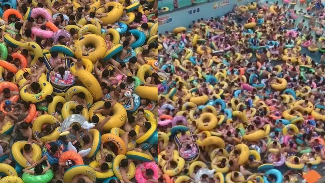 黑龍江的水上樂園的泳池塞滿遊客。（圖／翻攝自微博）