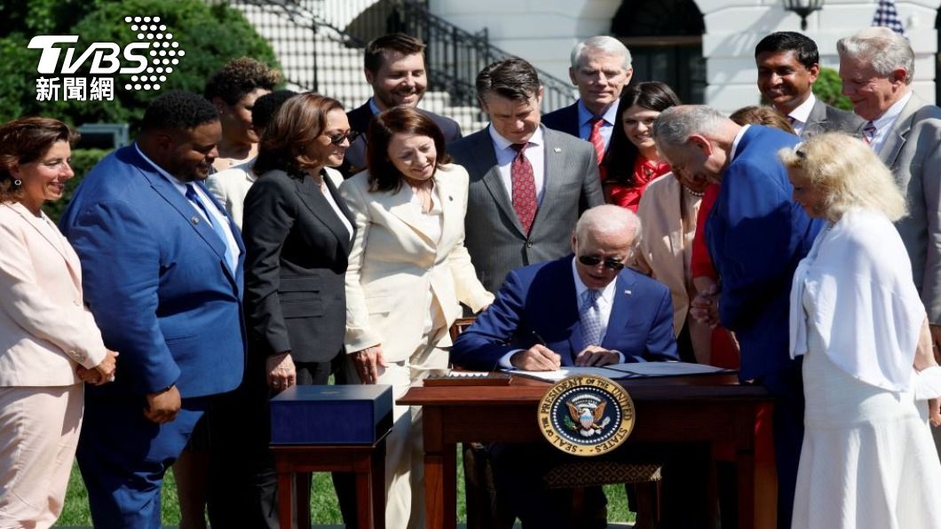 美國總統拜登簽署晶片法案，可促進美國在科學和技術方面對中國的競爭力。（圖/路透社）