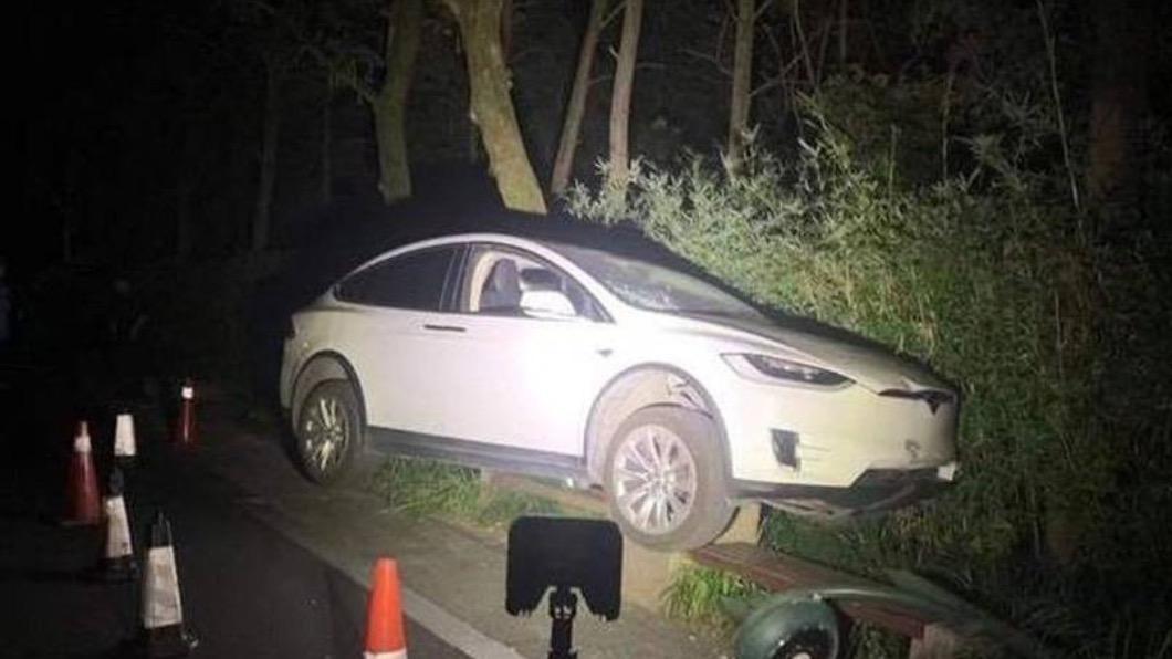 在大陸浙江省杭州市西湖風景名勝區發生一樁Model X衝出道路的事故。（圖／翻攝自Southern Metropolis Daily）