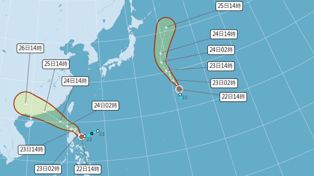 今日下午2日點同時生成2個颱風。（圖／氣象局）