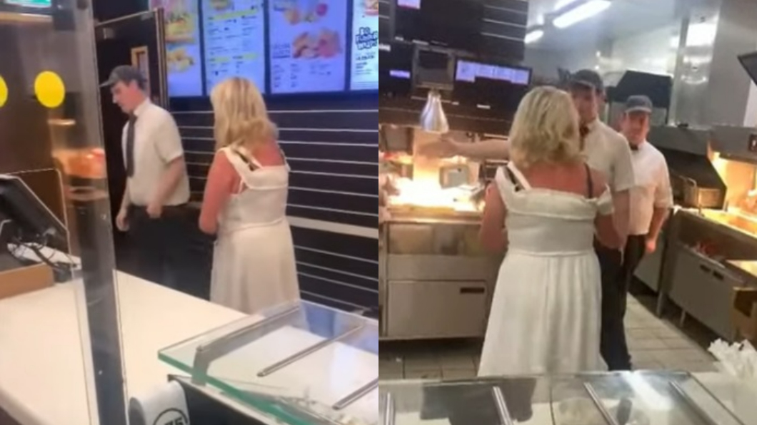 英國一名女子日前突然闖進麥當勞的櫃台和廚房。（圖／翻攝自YouTube）