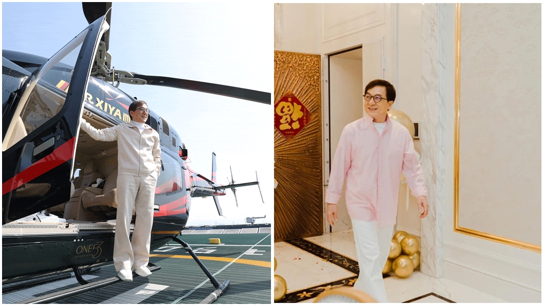 成龍5月搭乘直升機買房（左圖），近日舉行喬遷儀式（右圖）。（圖／翻攝微博）