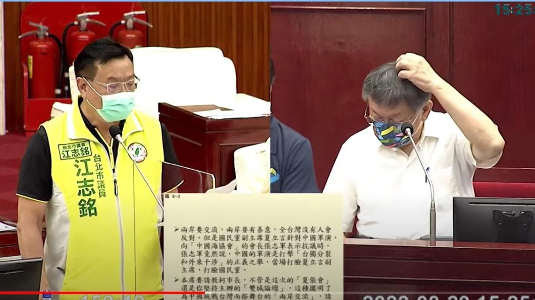 對於共軍持續擾台，台北市長柯文哲備詢時，嗆「現階段小英打不下來是事實」，「我不會丟臉到拿石頭丟無人機，早就用槍把它打下來」。（圖／翻攝柯文哲YT）