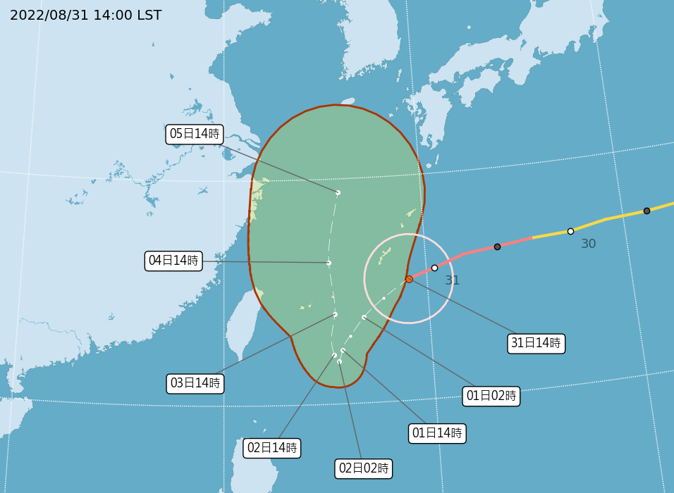 氣象局預測颱風路徑。（圖／中央氣象局） 軒嵐諾暴風圈擴大！今晚起大雨襲台　預估這天才離開