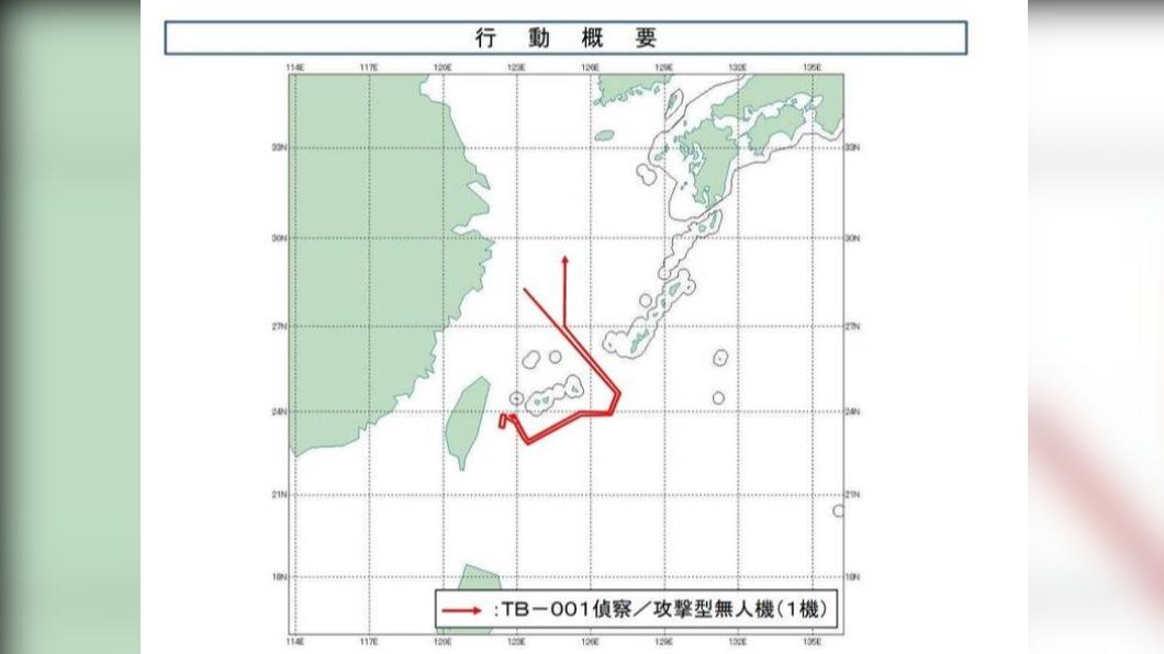 中共一架偵察／攻撃型無人機TB-001，從沖繩、宮古島之間水域穿越至台灣東部海空域。（圖／翻攝自防衛省統合幕僚監部網站）