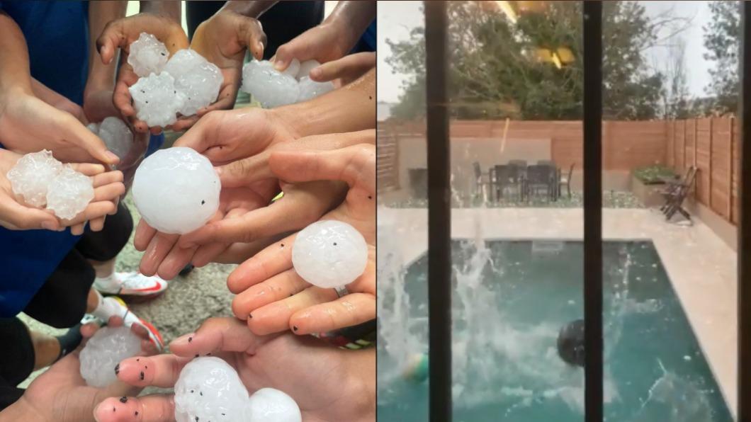 西班牙加泰隆尼亞降下超大冰雹，冰雹掉進游泳池後濺起超高水花。（圖／翻攝自推特@jordivallcat、@RE_Harris007）