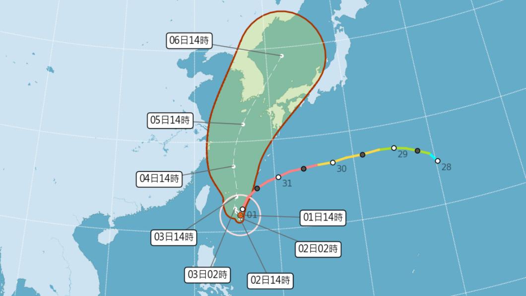 強颱軒嵐諾最新路徑預測。（圖／中央氣象局）