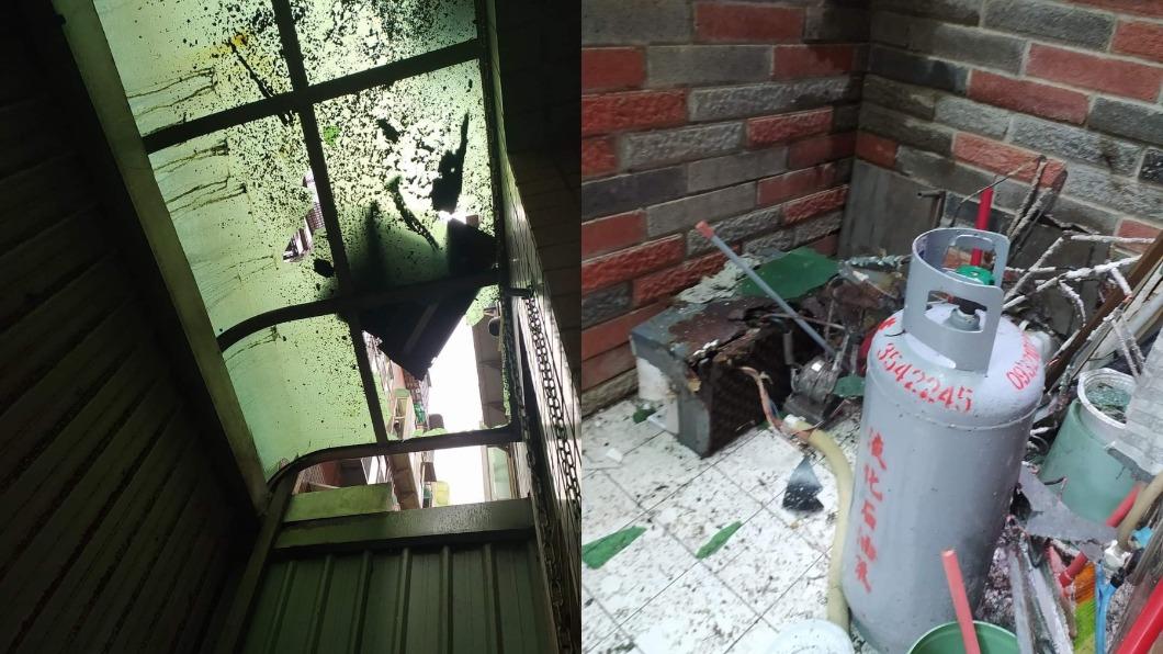 網友家遮雨棚遭樓上住戶的冷氣砸到破洞，連瓦斯桶都被砸到漏氣。（圖／翻攝自爆料公社）