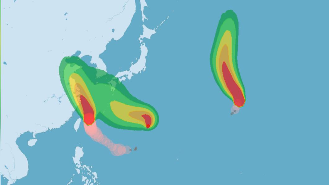 今將三颱共舞，氣象專家表示，颱風製造機趕進度，後期更熱鬧。（圖／中央氣象局）