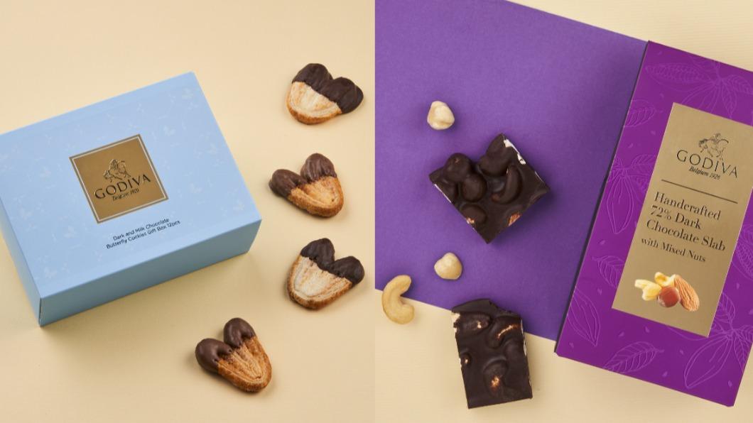 GODIVA推出香港及台灣門市獨家限定的「巧克力蝴蝶酥」與「手工綜合堅果巧克力塊」。（圖／GODIVA提供）