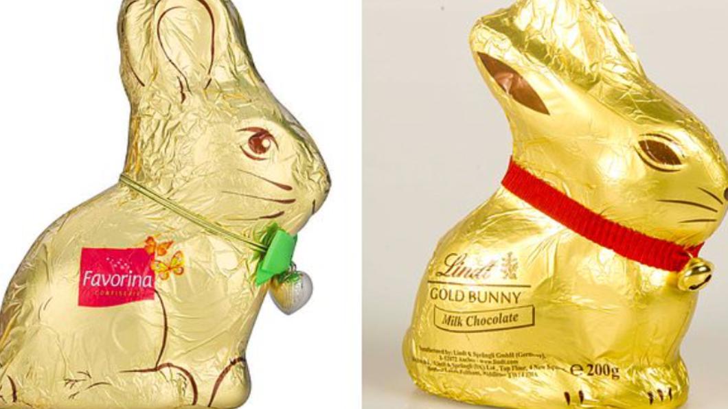 德國利多超市的巧克力兔（左）與瑞士蓮巧克力兔（右）相似度高，被瑞士最高法院認定侵權。（圖／翻攝自 Daily Mail Online 推特 @MailOnline）