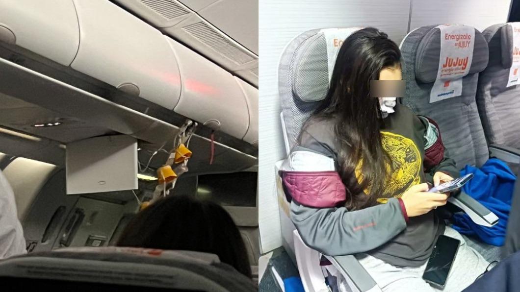 飛機內的天花板被撞壞，一名女乘客臉部受傷。（圖／翻攝自FL360aero 推特 @fl360aero）