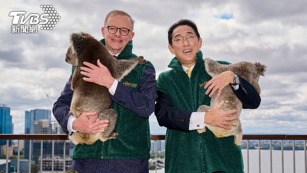 日本首相岸田文雄與澳洲總理艾班尼斯抱著無尾熊合影，兩人都笑得十分開心。（圖／達志影像美聯社）