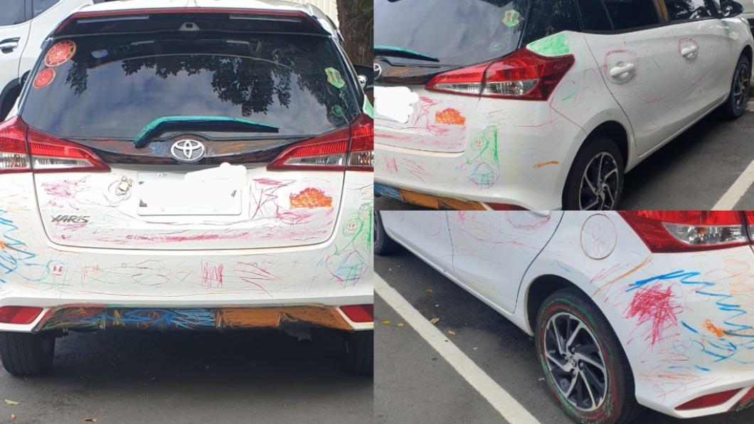網友發出一系列白車被塗鴉的照片。（合成圖／翻攝自路上觀察學院臉書）