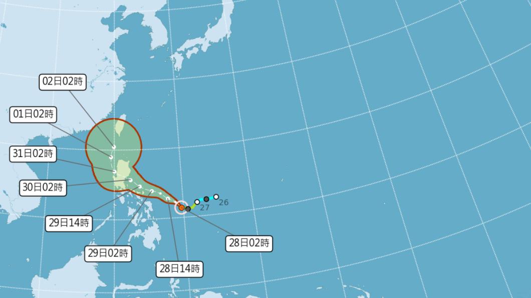 輕颱「奈格」目前位於菲律賓東方海面，有增強為中颱的趨勢。（圖／中央氣象局）