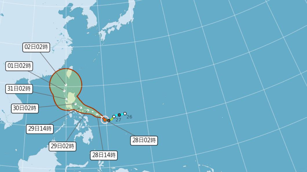 輕颱「奈格」目前位於菲律賓東方海面，有增強為中颱的趨勢。（圖／中央氣象局） 奈格將轉中颱最新路徑曝　「威脅不小」雨彈連炸6天