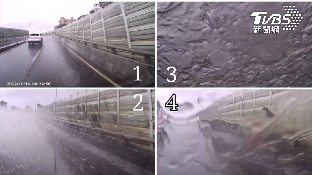 行車畫面紀錄，前車激起道路積水，後車險撞護欄。