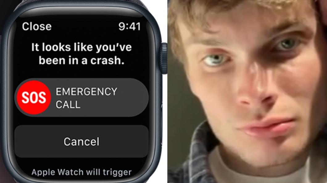 美國男子諾蘭（Nolan Abel）開車高速自撞，靠Apple Watch 的「車禍偵測」（Crash Detection）功能才獲救。（圖／翻攝自蘋果官網、推特@abcWNN）