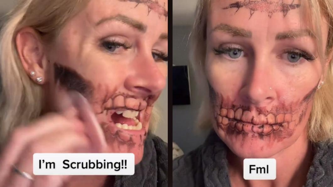 一名英國婦人洗不掉臉上的紋身貼紙，上網求救。（圖／翻攝自@alliwanttodoismile TikTok）