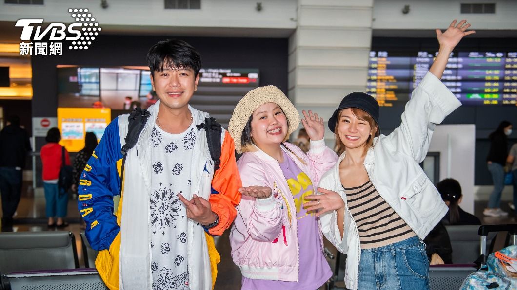 李易（左起）、大文、林莎從泰國出外景返台。（圖／TVBS）