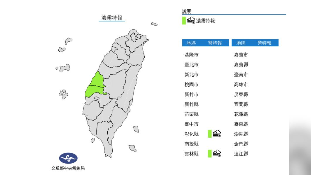 氣象局針對中南部地區發布濃霧特報。（圖／中央氣象局） 變天倒數！這天起「雨區擴大連炸4日」投票日天氣曝光