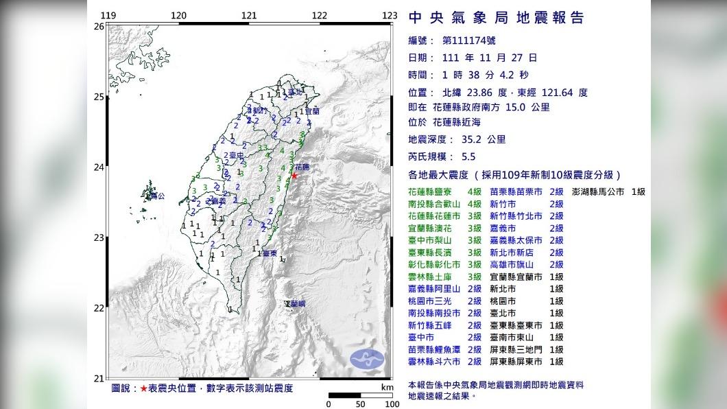 花蓮縣近海規模5.5地震。（圖／TVBS）