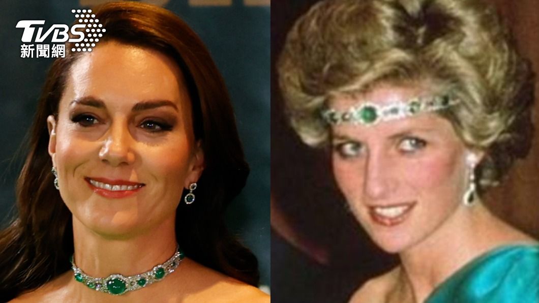 凱特王妃（Princess of Wales, Kate）訪美配戴的綠寶石項鍊，是黛安娜王妃（Princess Diana）生前最愛的珠寶之一，也是1997年後首度公開曝光。（圖左／達志影像美聯社，圖