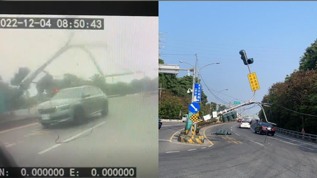 吊臂沒收扯落紅綠燈，後車險遭砸。（圖／TVBS、屏東小鎮資訊提供）