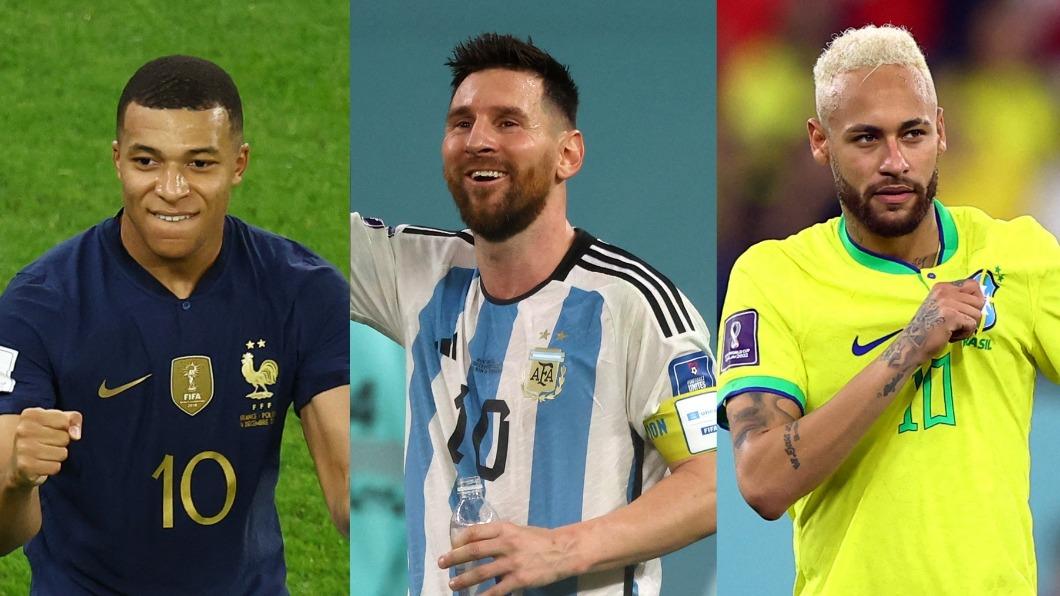 法國姆巴佩（左）、阿根廷梅西（中）、巴西內馬爾（右）都是本屆世足賽十分活躍的球星。（圖／達志影像路透社）