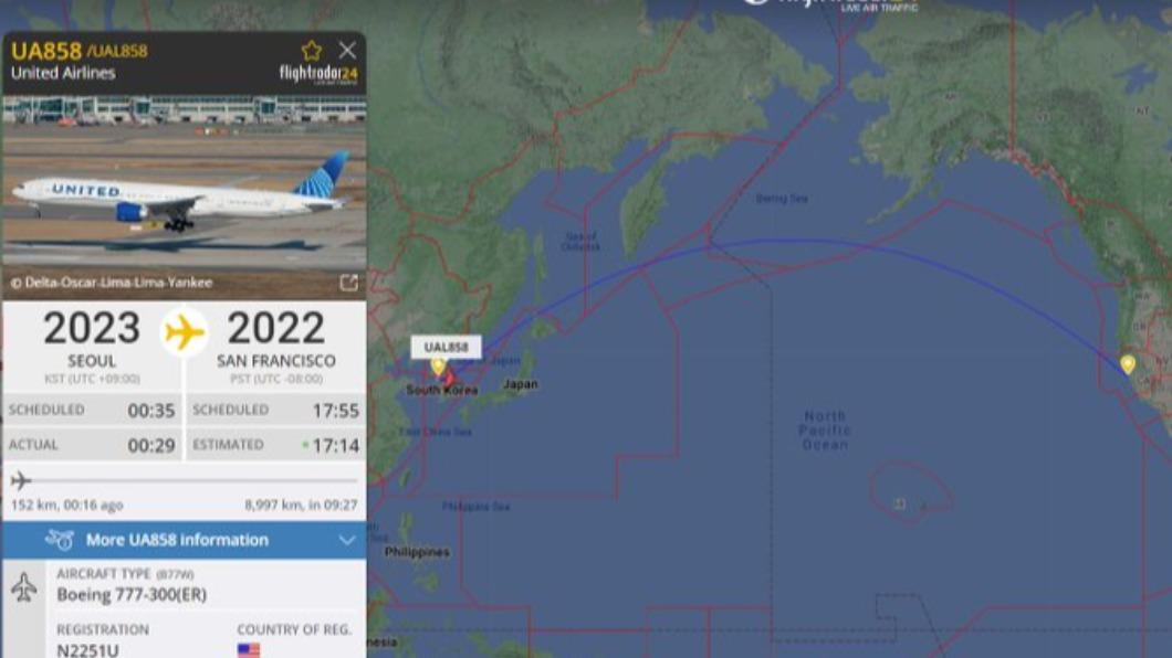 這架聯合航空的班機在2023年從首爾起飛，抵達舊金山的時間仍顯示2022年。（圖／翻攝自Flightradar24 推特 @flightradar24）