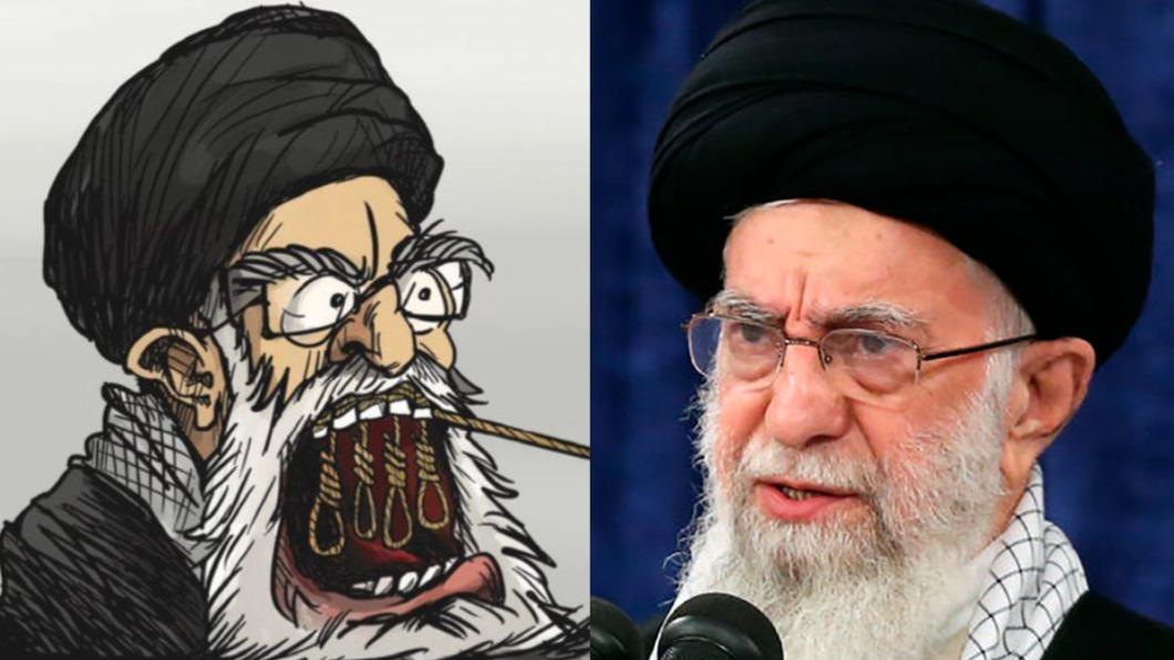 伊朗83歲最高領袖哈米尼（Ayatollah Ali Khamenei），遭法國諷刺雜誌《查理周刊》（Charlie Hebdo）漫畫嘲諷。（圖左／翻攝自《伊朗國際電視台》，圖右／達志影像美聯社）