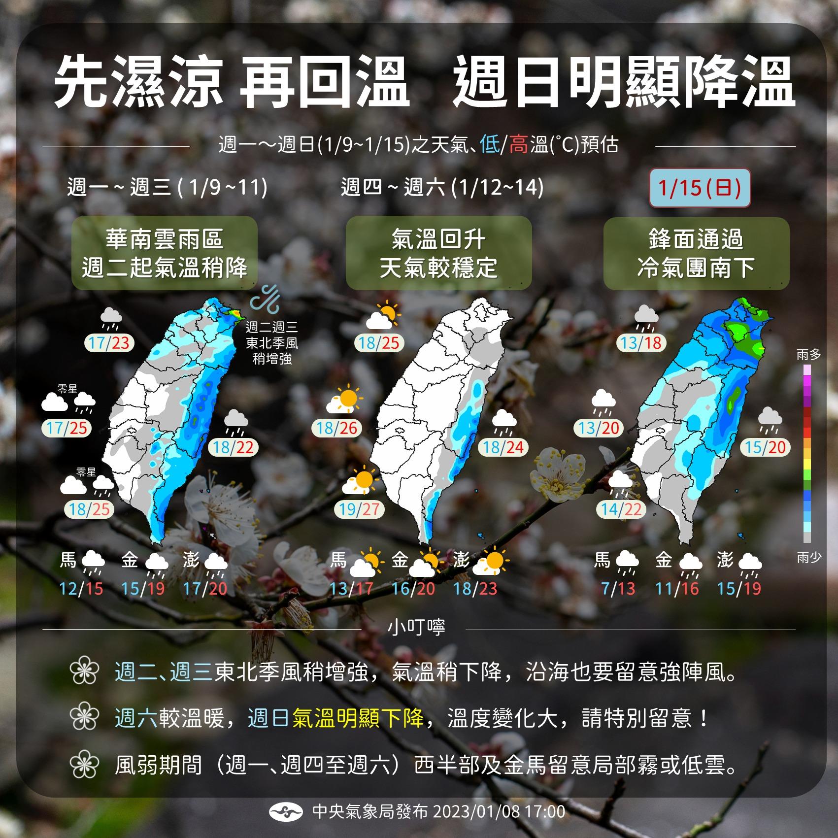 週日冷空氣南下，全台將明顯降溫。（圖／中央氣象局） 今入夜轉雨濕涼！週三起回暖　週末變天全台急凍直逼寒流