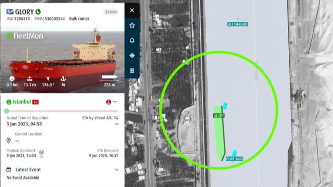 一艘自烏克蘭開往中國大陸、滿載6.5萬噸榖物的貨輪「榮光號」（MV Glory），今（9）日在蘇伊士運河（Suez Canal）短暫擱淺。（圖／翻攝自 推特@AgenciesLeth）