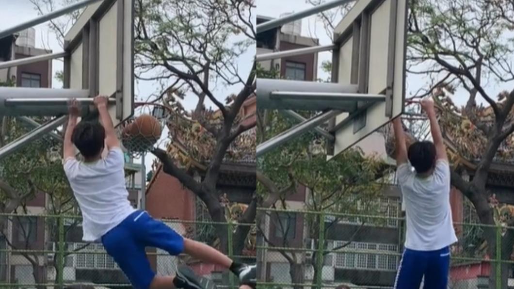 台灣學生「爬籃架灌籃」影片爆紅到國外，被國際籃球總會（FIBA）轉發。（圖／翻攝自 IG@fiba）