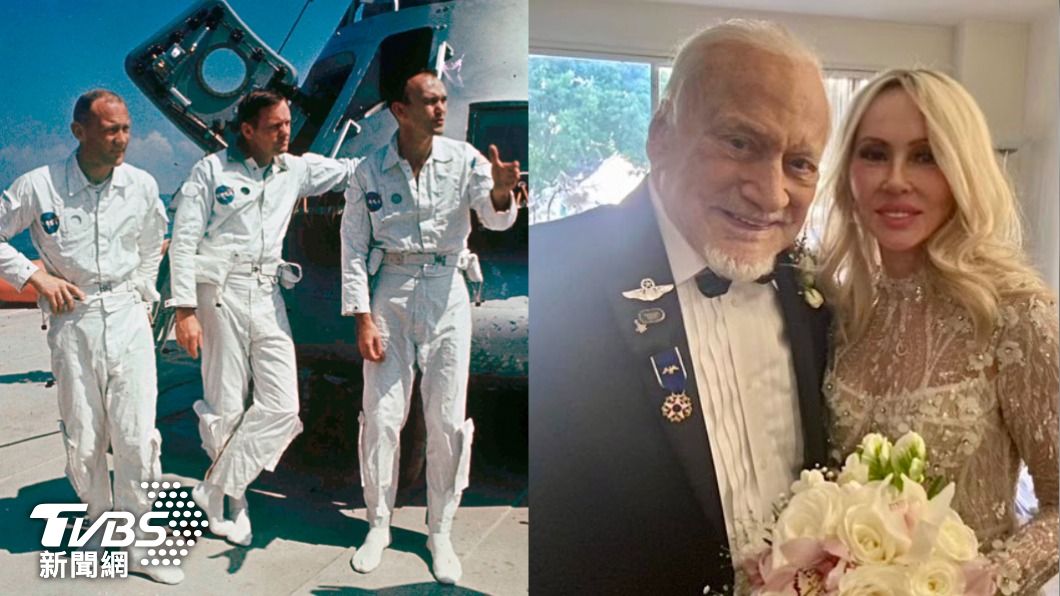 艾德林（左）是「阿波羅11號」任務成員之一，93歲生日當天宣布再婚。（圖／達志影像路透社、推特）