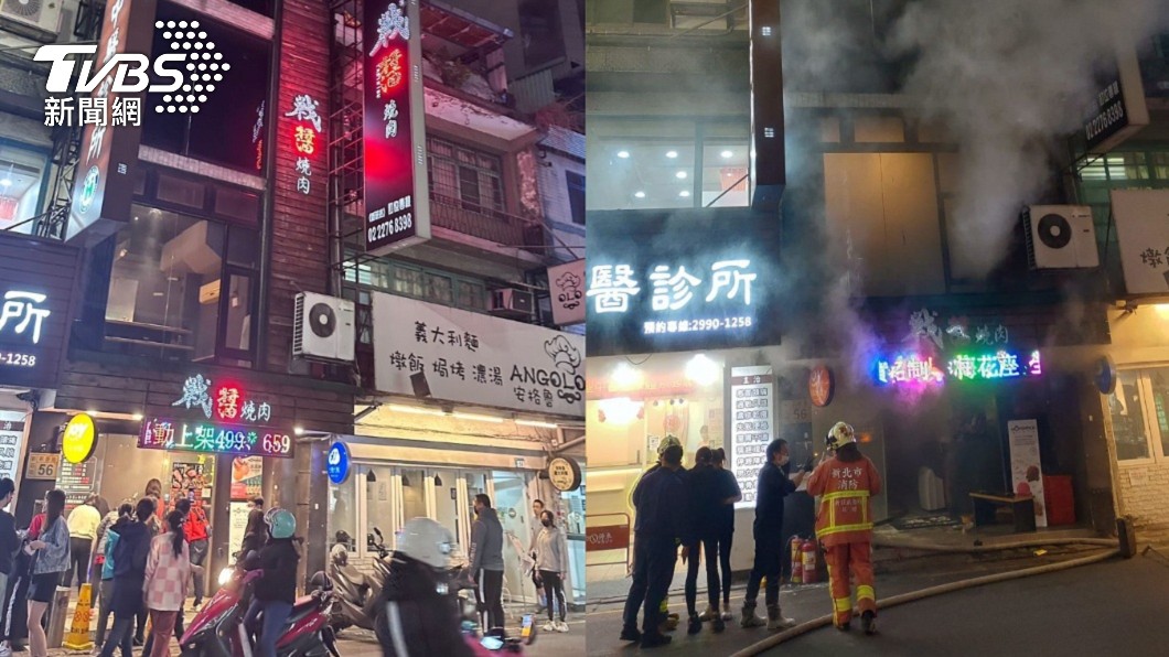 新北市新莊一間燒肉店晚間突然冒煙起火。（圖／TVBS）