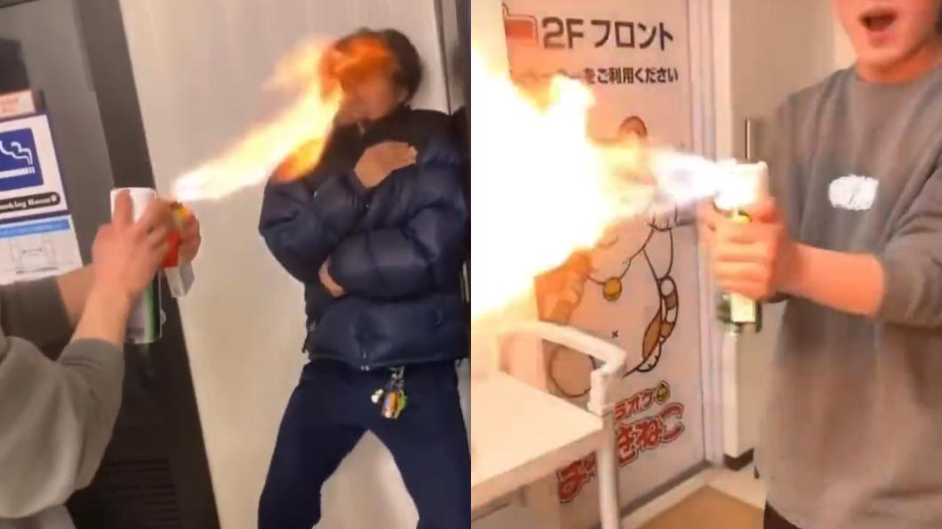 日本一名少年竟在卡拉OK店內的走廊上拿著酒清噴霧罐和打火機，對著同行友人噴火。（圖／翻攝自@i_am_ai_chan推特）