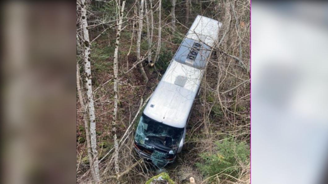 法國一輛載著40名小學生的巴士墜落山溝，車頭卡在一條小溪中。（圖／翻攝自《France Bleu》）
