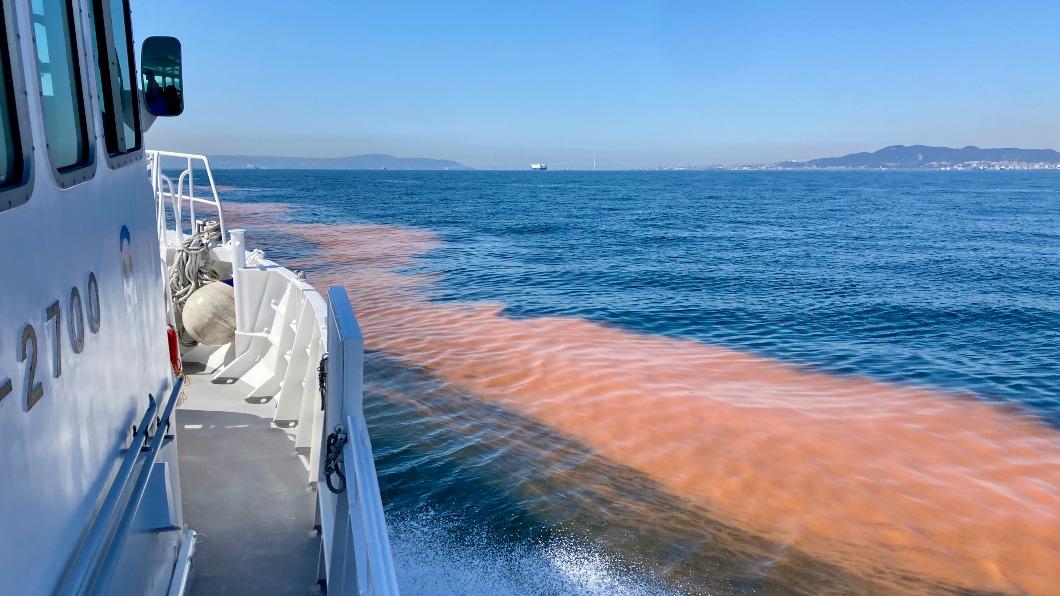 大阪灣近期出現帶狀的「粉紅色海水」，專家分析是因大量夜光蟲聚集所形成的「赤潮」。（圖／翻攝自大阪府立環境農林水產綜合研究所推特）
