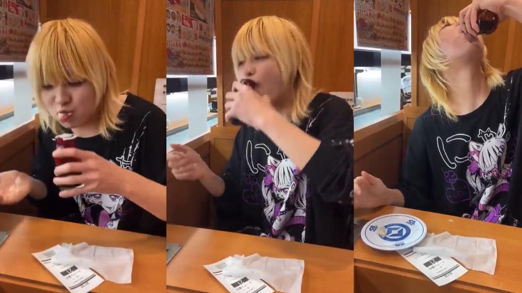 日本一名21歲男子在藏壽司直接對嘴喝醬油罐，還將惡搞影片當成有趣傳上社群網站，導致炎上。（圖／翻攝自@seichi__jun推特）