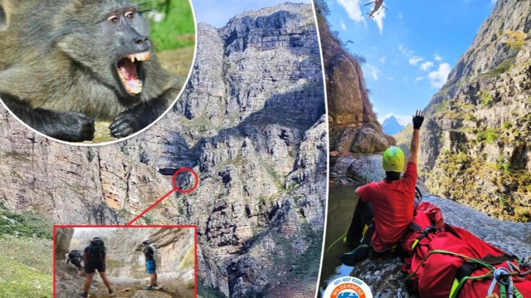 南非一群登山客攀岩垂降時誤入狒狒領地，遭60公斤巨石砸斷腿。（圖／翻攝自《紐約郵報》）