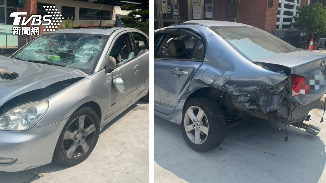 左側為林男的車被打破玻璃，右側為周男的車被撞翻。（圖／TVBS）
