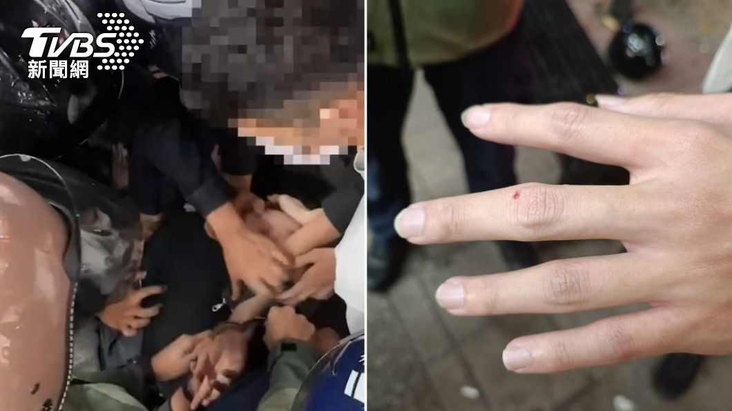 酒醉男子在超商鬧事遭壓制逮捕，過程中還造成警員手指挫傷。。（圖／TVBS）