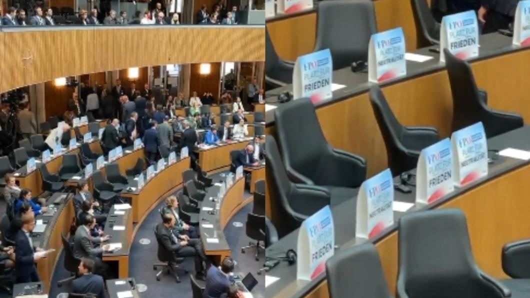 多名議員起身離席，桌上還放了抗議標語。（圖／翻攝自 kanekoa.substack.com 推特 @KanekoaTheGreat） 尷尬！澤淪斯基演說到一半　奧地利議員集體離席抗議