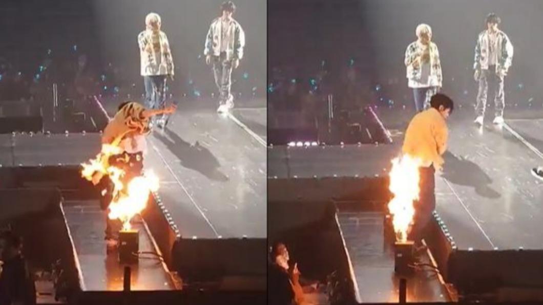 尹材赫被舞台旁邊的火焰噴火時燒到。（圖／翻攝自@yoonsweet0723　Twitter）