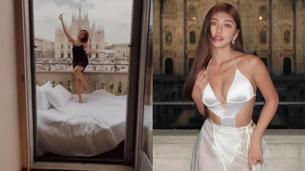 網紅模特兒林倩被質疑為拍美照，將飯店床墊拖到陽台，引發網友痛批。（圖／翻攝自DCard、林倩IG）