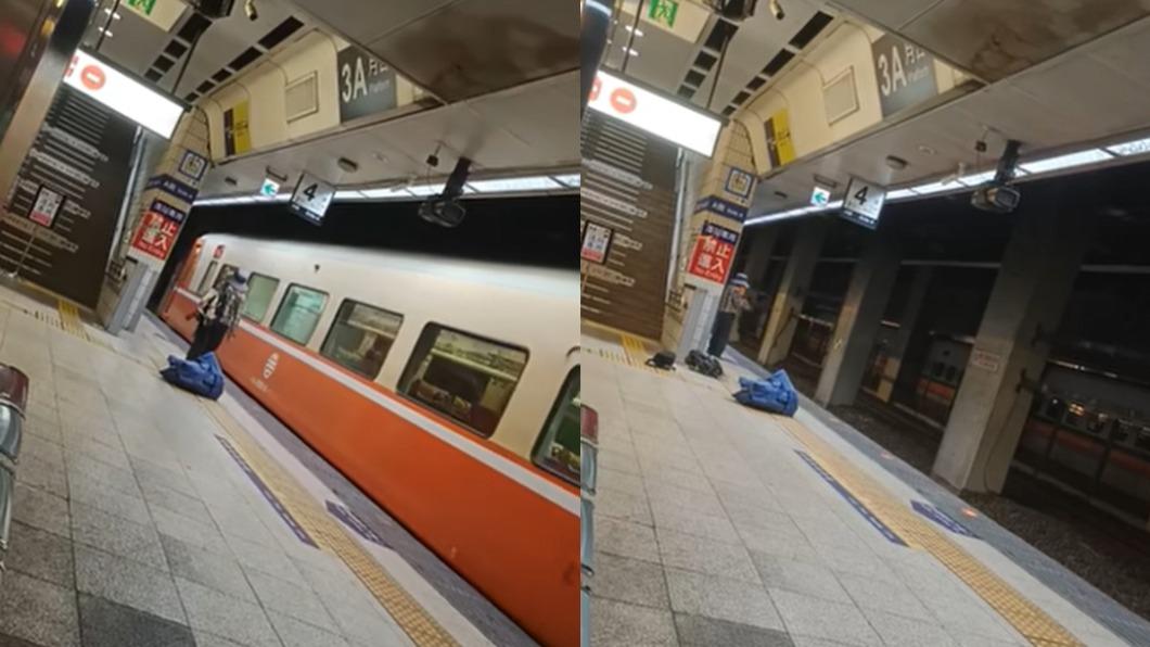 1名婦人在月台上來不及搭上火車，氣得在月台來回踱步，怒摔行李。（圖／翻攝自臉書）